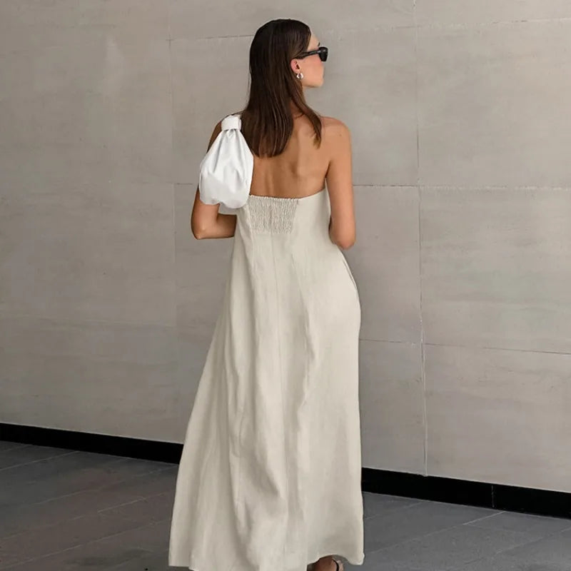 Minimalist Cotton Linen Design Strapless Dress Summer Women's Personal Street Elastic Backless Pocket Vacation Beach Dress