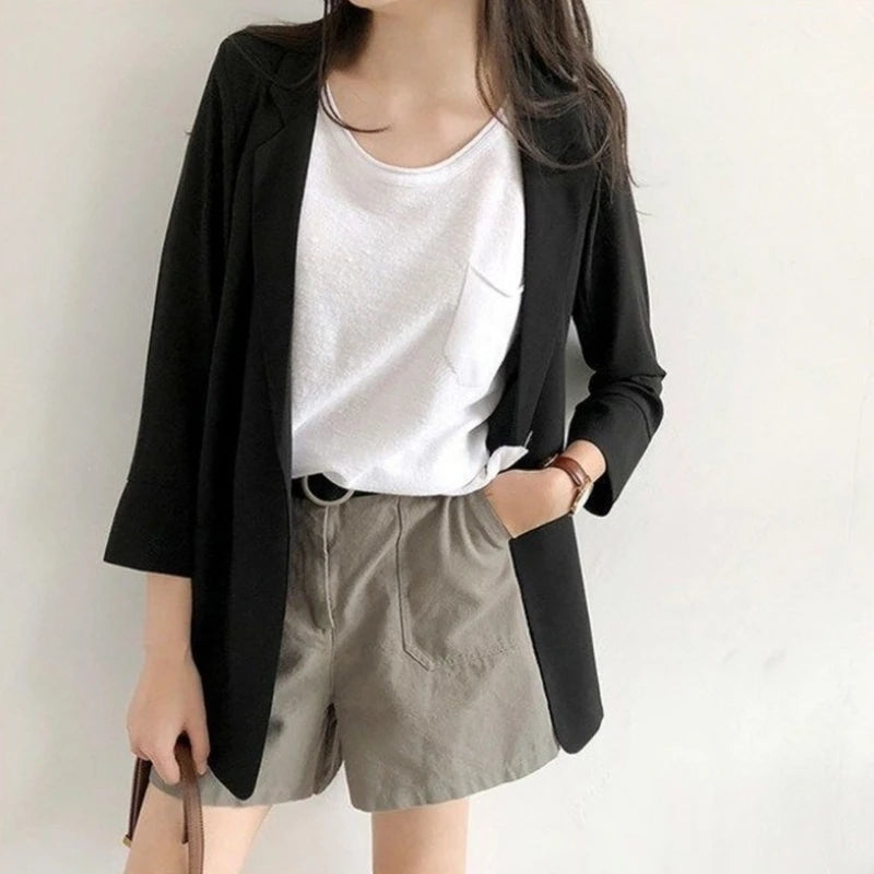 Spring Women Thin Blazers Sun Protection Suit 2025 Female Summer Black Blazer Three Quarter Sleeves OL Slim Coats Ladies Tops