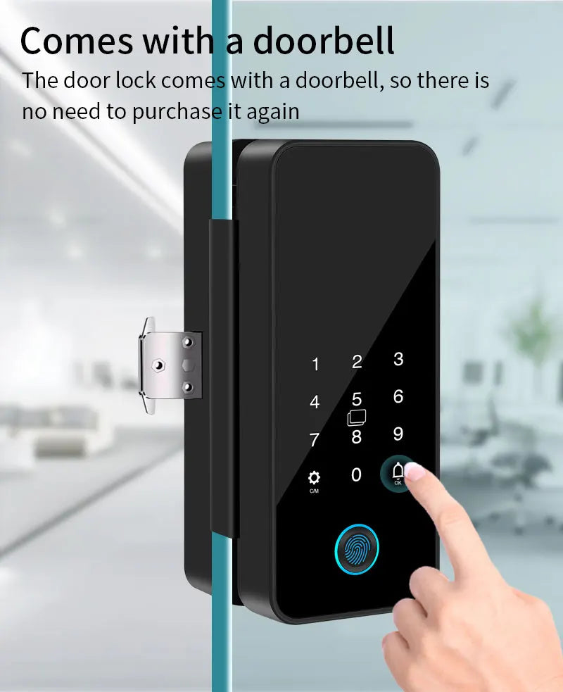 Tuya APP Glass Door Fingerprint Lock Bluetooth Smart Biometric Electronic Office Glass Door Lock 13.56Mhz RFID IC Keyless Unlock