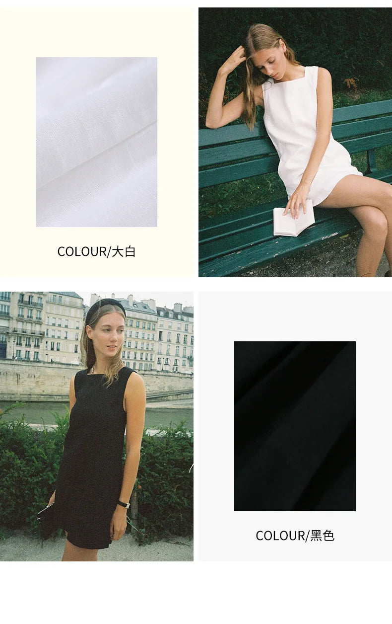 Dresses 2025 Woman Cotton Linen Square Collar Sleeveless Summer White Black Short Mini Holiday Beach Streetwear Elegant Vestidos
