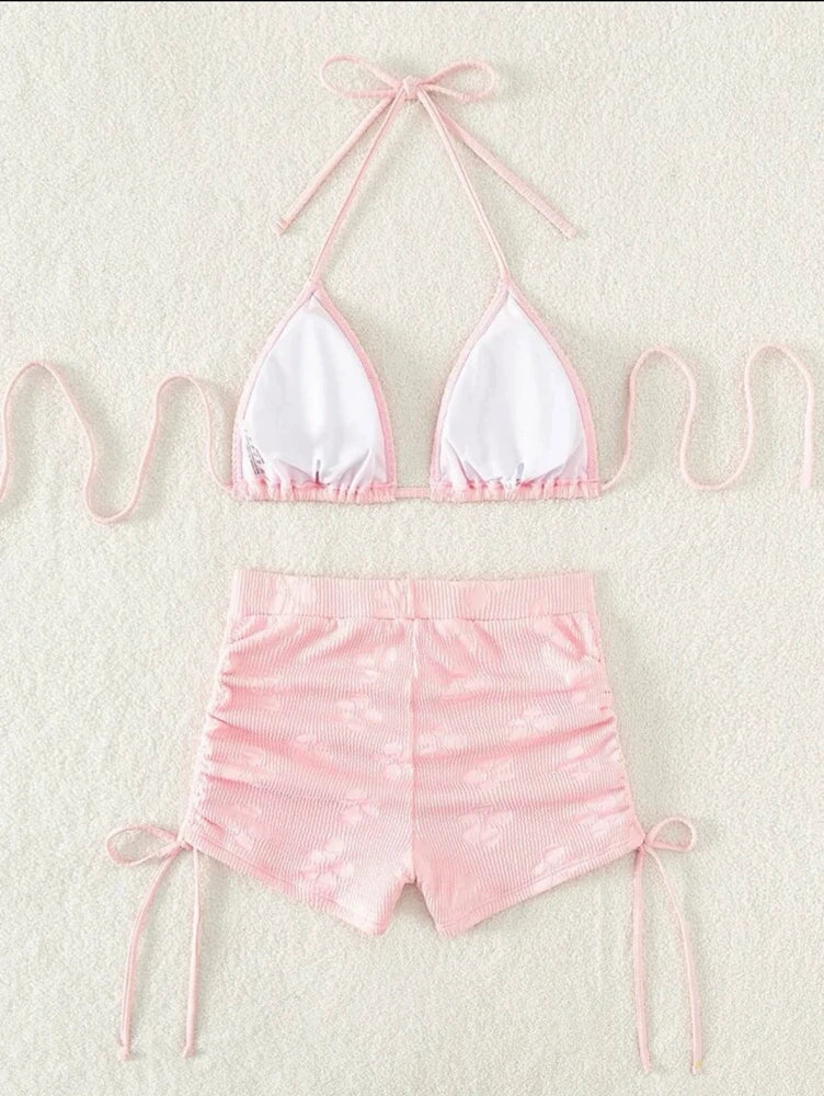 Special Fabric Neck Hanging Sexy Pink Swimsuit 2 Piece Set Halter Bikini Top Knot On The Edge Bikini Bottom 2025 Bathing Suit