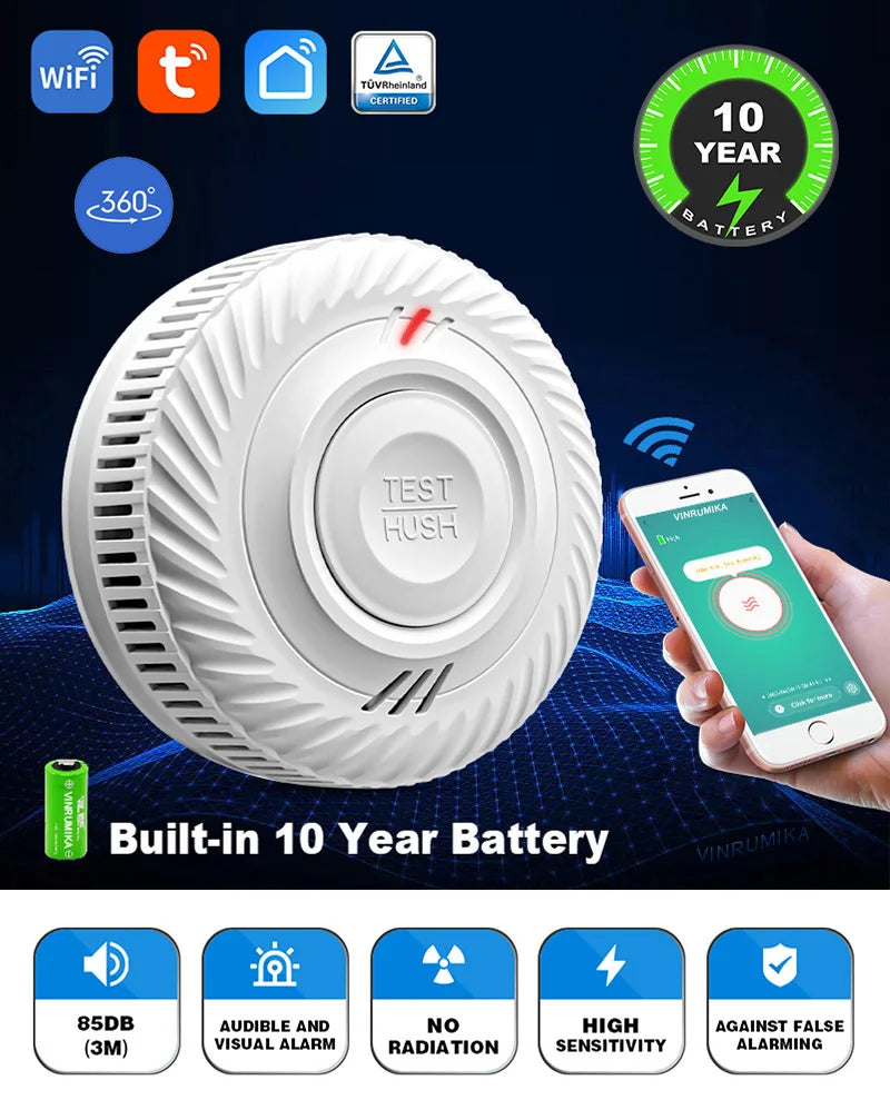 Built-in 10 Year Battery Smoke Detector WiFi Function Tuya Smart Home Parlor Child Room Kitchen Shop Fire Sound Alarm SensorSmoke DetectorsGoWisse.com