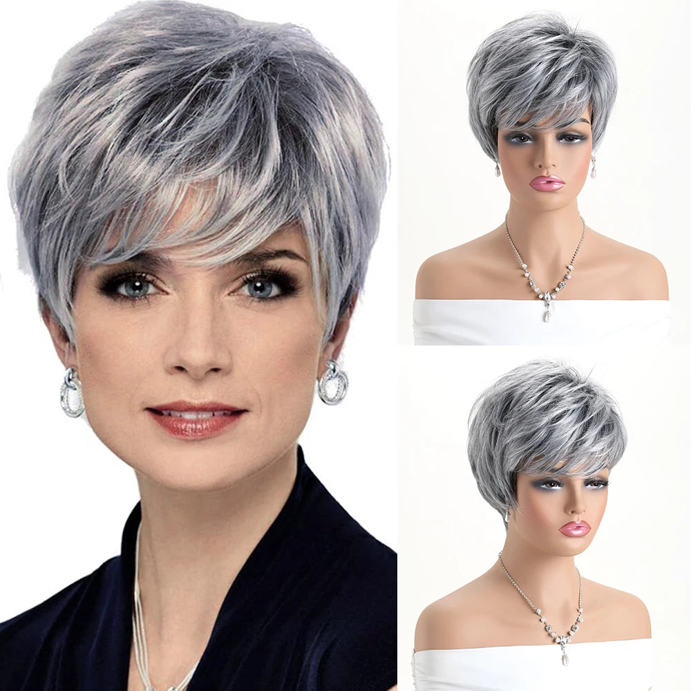 Short Natural Wigs with Bangs Soft Mommy Hair Daily Use Short Grey Ombre Curly Synthetic Hair Costume Party Wig for Women