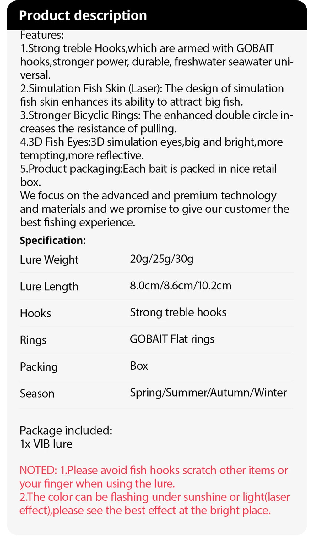 GOBAIT VIB Fishing Lure 20g 25g 30g Metal Jig Sinking Blade Treble Hook Spinner Spoon Cast RATION Carbon Steel Tackle Hard Bait