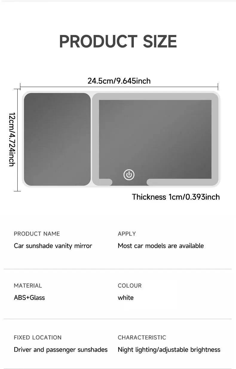 Car Sun Visor Makeup Mirror LED Touch Screen Adjustable Brightness Auto Interior Makeup HD Mirror with Magnifying Glass