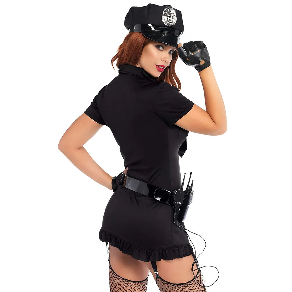 7 Pieces Black Police Women Sexy Short Mini Dress With Belt Walkie Talkie Hat Policewomen PU Gloves Cosplay Costume Uniform Set