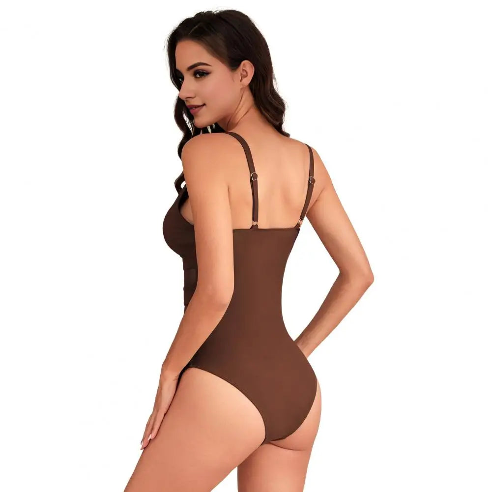 Hollow Mesh Splicing Monokini Swimsuit Stylish Women's Mesh Splicing One-piece Swimsuit Tummy Control V-neck Monokinis Beachwear