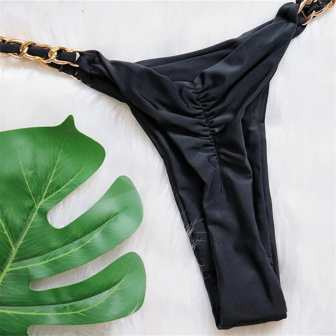 Metal Ring Halter Scrunch Butt Thong Bikini Women Swimwear Female Swimsuit Two-pieces Bikini set Bather Bathing Suit Swim V4391