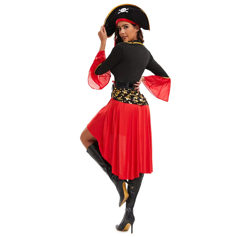 S-3XL Black Red Dress With Belt Pirate Hat Role Playing Cosplay Costume Halloween Women Sexy Underwear With Long Sleeves