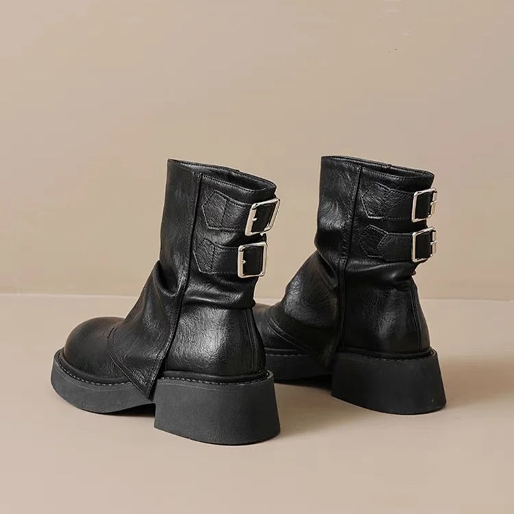 2025 New Women's Platform Ankle Boots - Buckle Detail Retro Chunky Heel Booties,Fall/Winter Fashion Low-Cut Boots