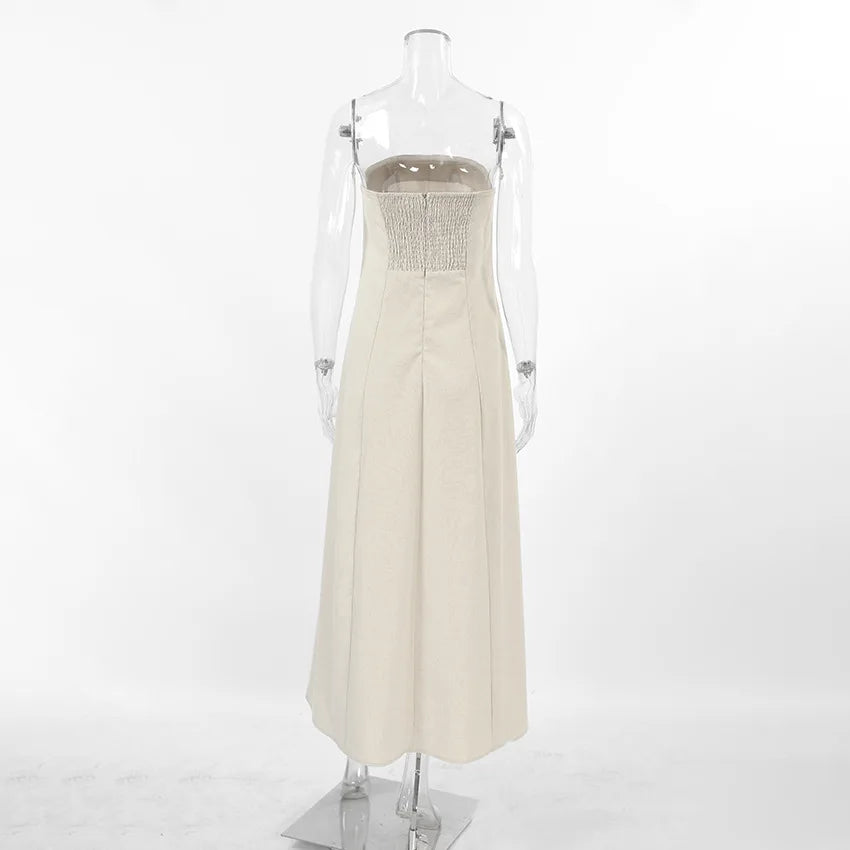 Minimalist Cotton Linen Design Strapless Dress Summer Women's Personal Street Elastic Backless Pocket Vacation Beach Dress