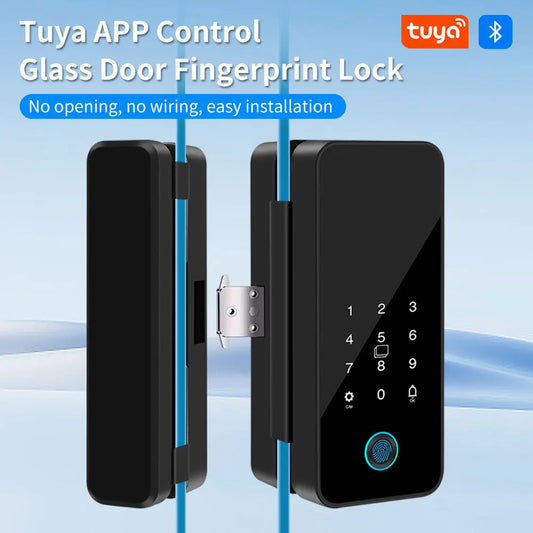 Tuya APP Glass Door Fingerprint Lock Bluetooth Smart Biometric Electronic Office Glass Door Lock 13.56Mhz RFID IC Keyless Unlock
