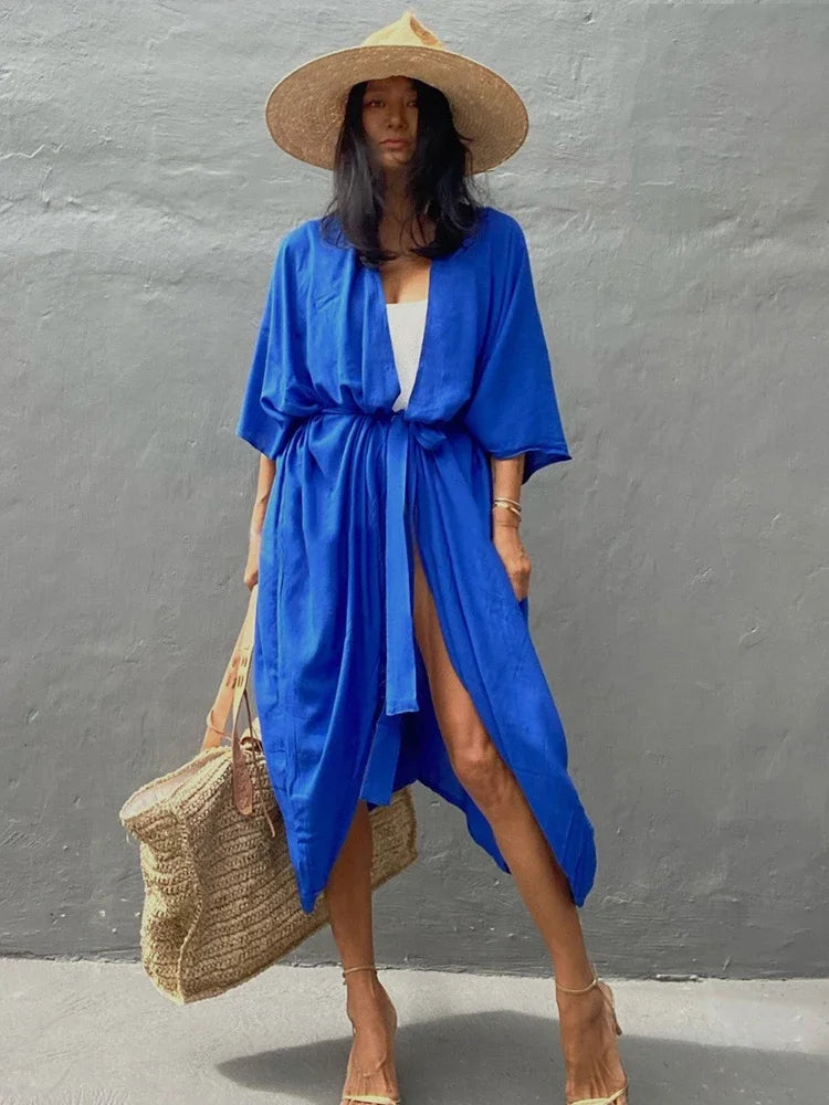 New Boho Beach Kimono Swimwear Women Cotton Holiday Summer Women's Tunic Beachwear Outfits Solid Oversize Cover-Ups