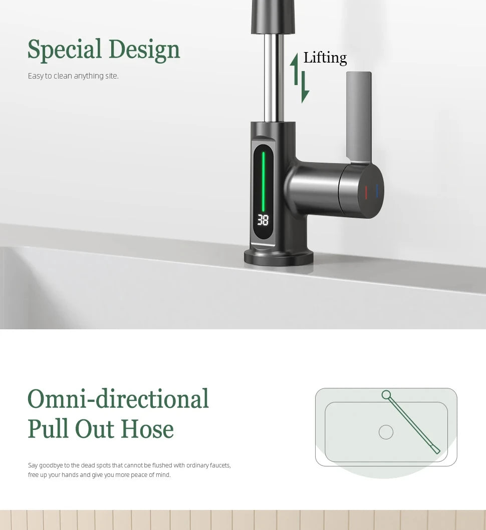 Waterfall Temperature Digital Display Basin Faucet Lift Up Down Stream Sprayer Hot Cold Water Sink Mixer Wash Tap For Bathroom