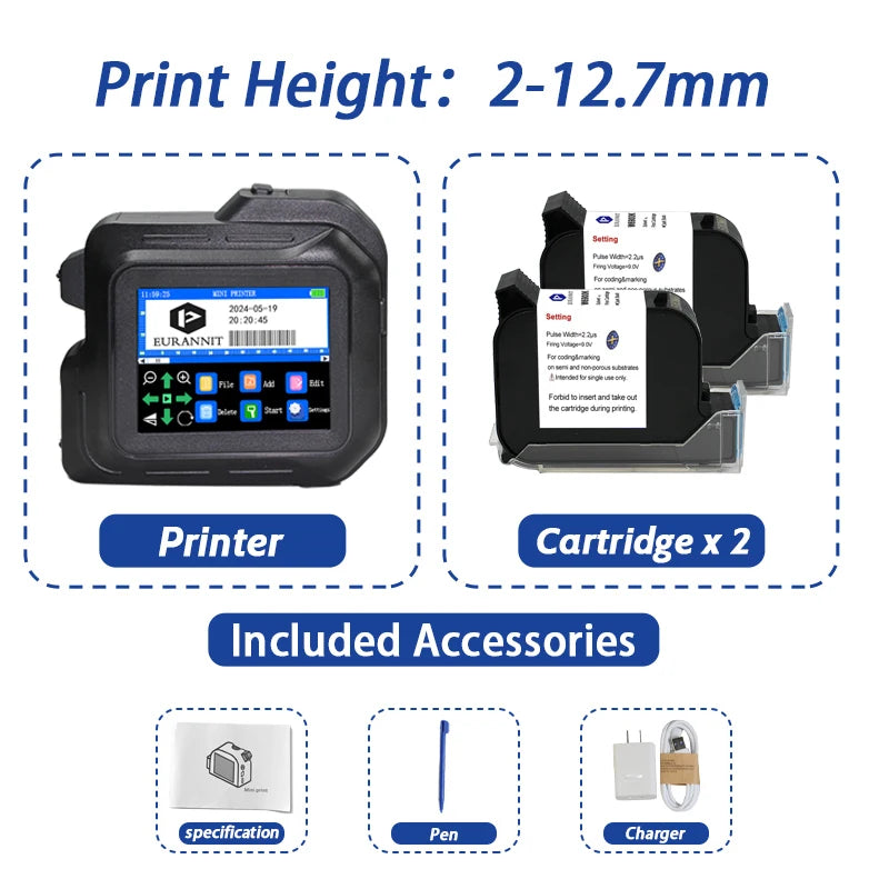 EURANNIT E98 0.5Inch Portable Mini Printer 2.8inch Touchscreen Inkjet Printer Expire Date QR Barcode Logo Label Printing Machine