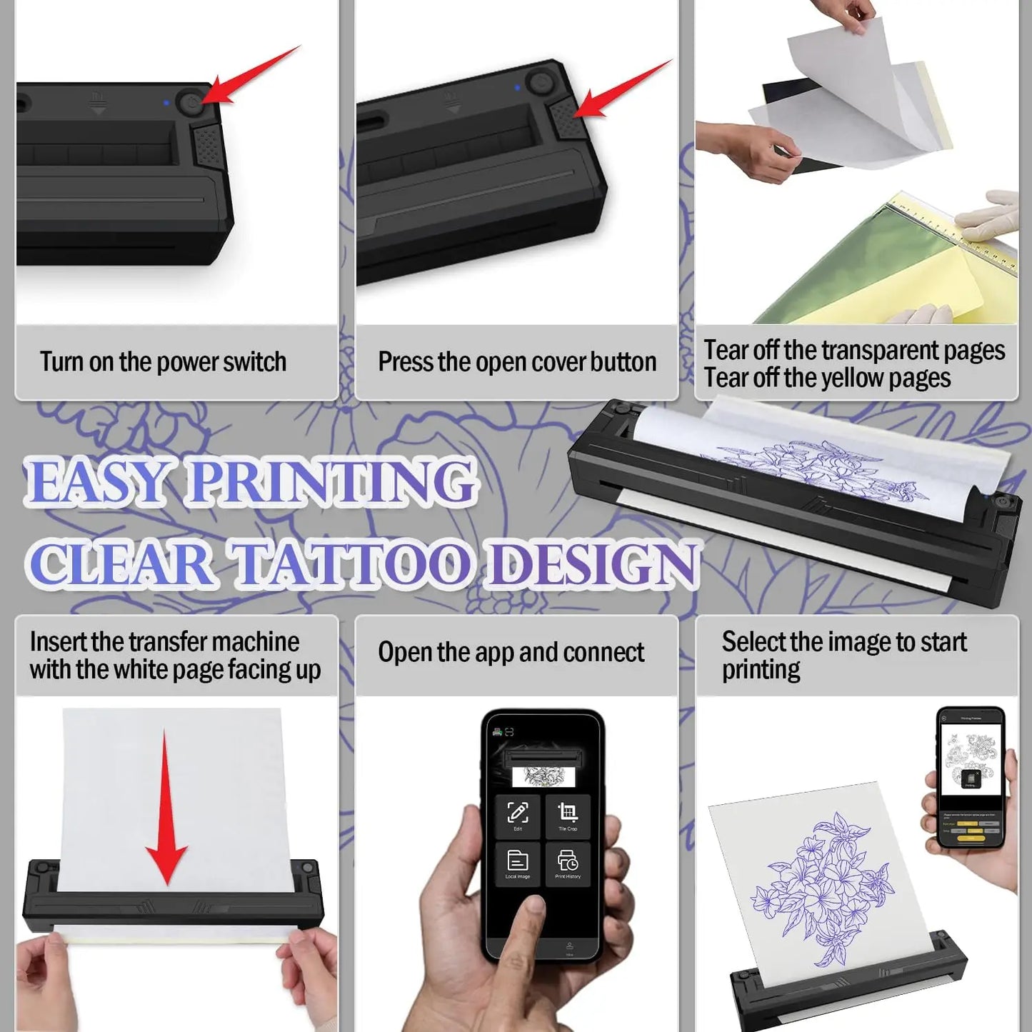 Portable Bluetooth Thermal Tattoo Printer Inkless M8 Beginners&Pros Wireless Tattoo Stencil Printer Suitable for Phone/Tablet/PC