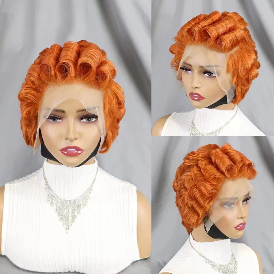 Pixie Cut Wig Short Curly Lace Front Human Hair Wigs For Black Women Raw Indian Finger Wave 13x4 Transparent Lace Frontal Wigs