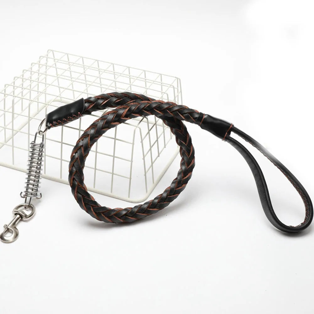 Strong Durable Real Leather Large Dog Leash with No Pull Buffer Spring Leather Braided Dog Training Leash Pet Leads Dog Chain