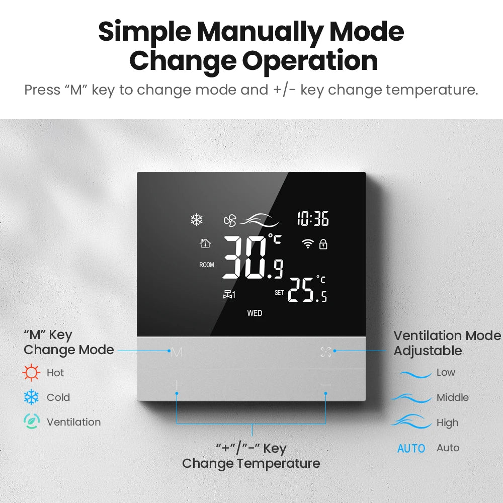 AVATTO Tuya WiFi Smart Central Air Conditioning Thermostat,Heating And Cooling Function 3 Speed Fan Coil For Alexa Google Home