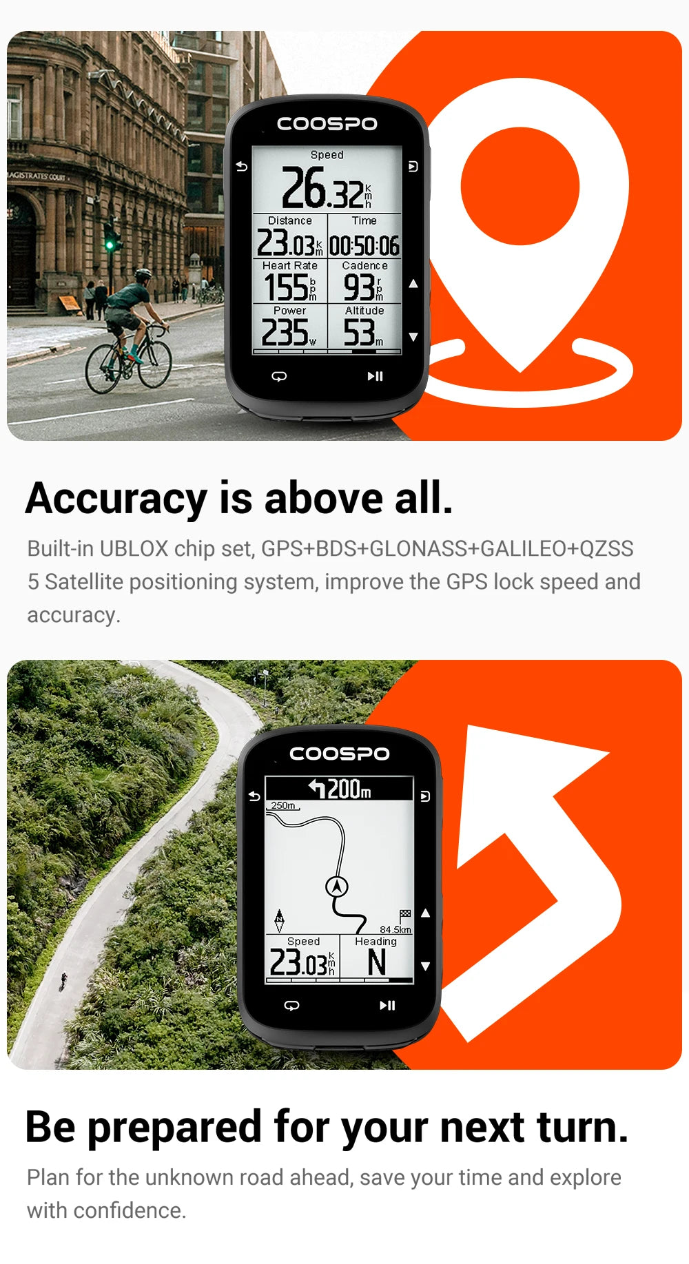 COOSPO CS500 Route Navigation Bike Computer GPS Cycling Odometer Wireless Bicycle Speedometer Cycle Stopwatch ANT+ Bluetooth5.0