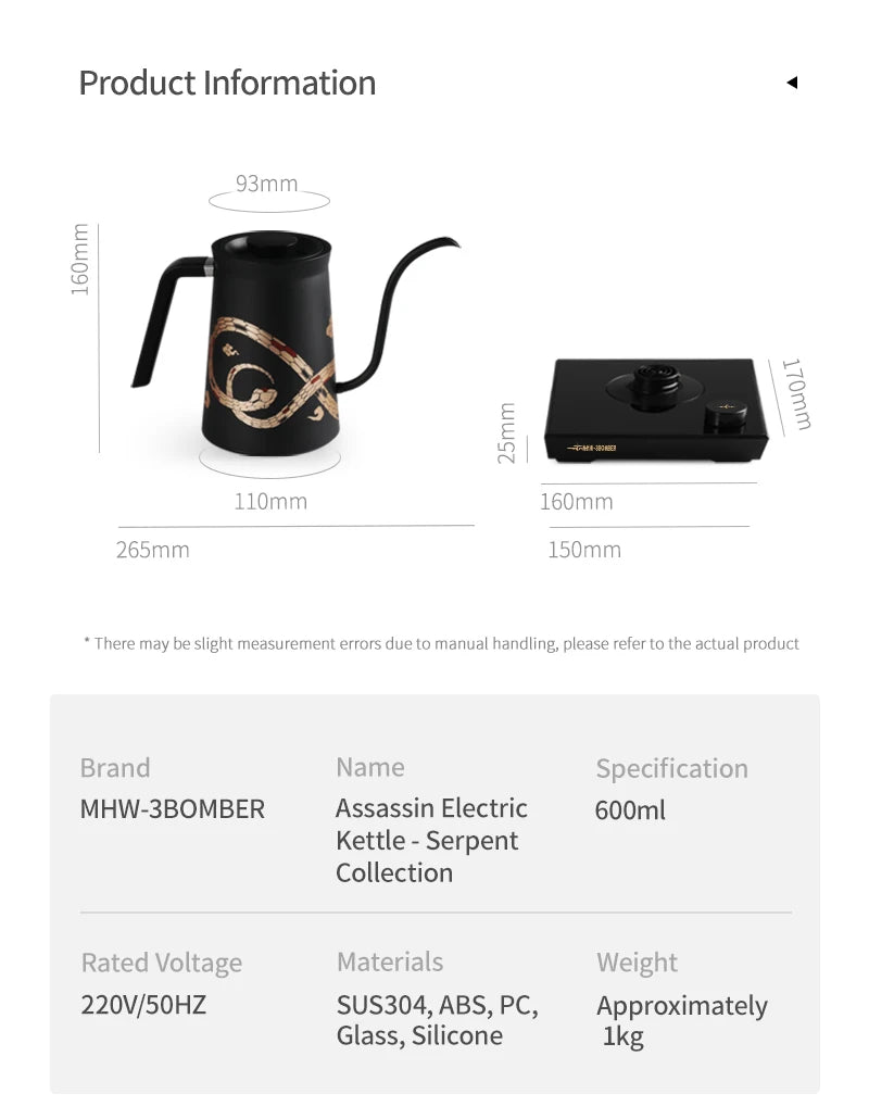 MHW-3BOMBER 220V Electric Kettle Gooseneck Pour Over Kettle Coffee Pot Precise Control Heating Water Boiler Barista Tool