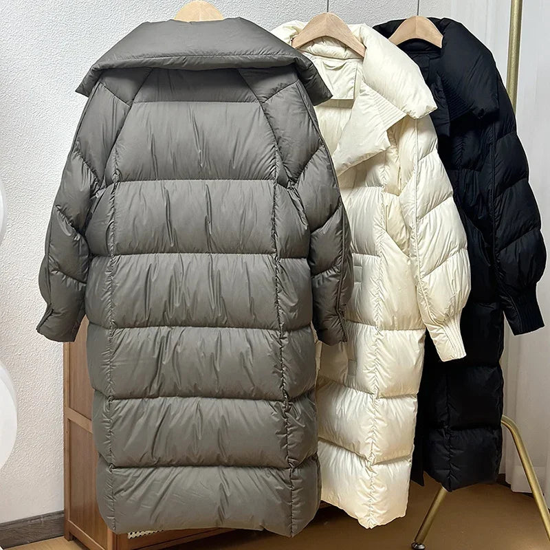 Schinteon Women White Duck Down Long Jacket Autumn Winter Warm Casual Over Size Loose Outwear Soft Comfortable Fashion Coat New