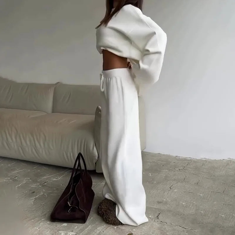 2025 Solid Color Knitted Sweater Two Piece Set Women Fashion Loose O Neck Knitting Pullover Trousers Sets Female Simple Style
