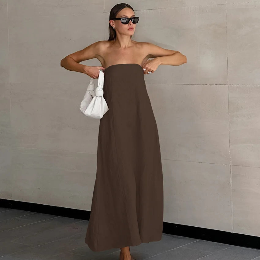 Minimalist Cotton Linen Design Strapless Dress Summer Women's Personal Street Elastic Backless Pocket Vacation Beach Dress