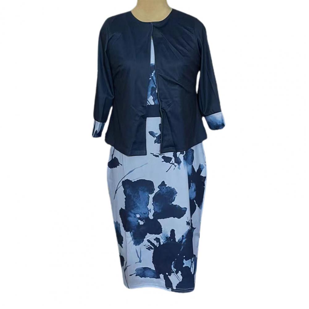 2 Pcs/Set Women Coat Dress Suits Set Floral Print Sheath Midi Dress Open Stitch Dress Suit Jacket Women Outfit Set