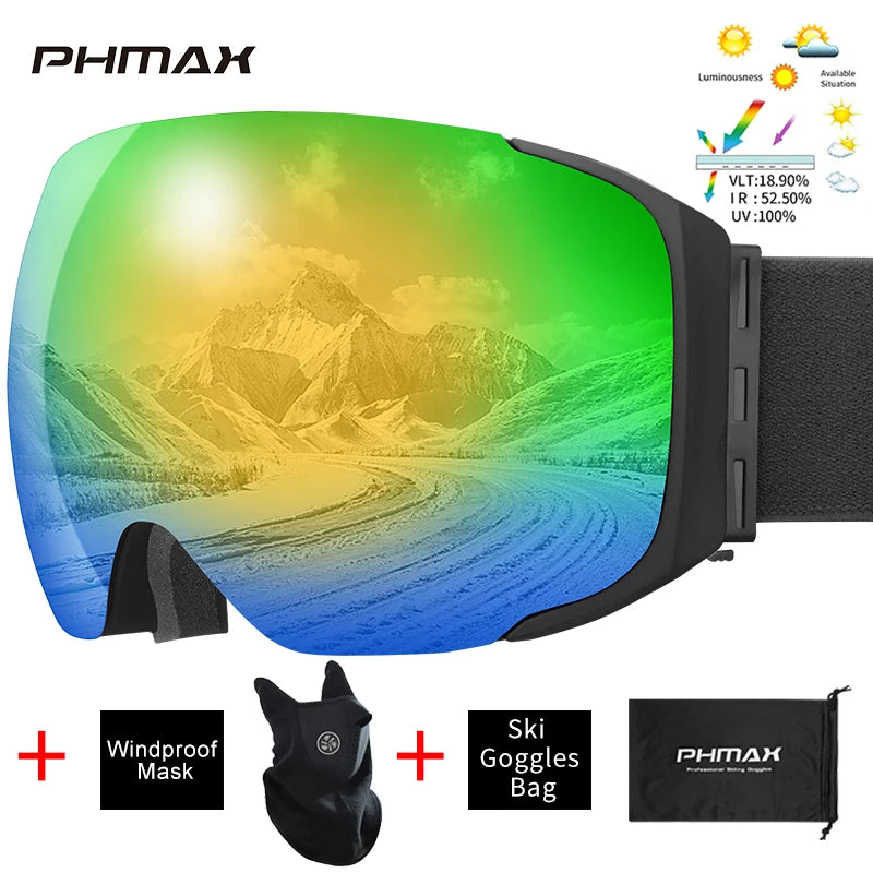 PHMAX Magnetic Ski Goggles UV400 Skiing Eyewear Anti-fog Lens Women Men Winter Outdoor Sports Mountain Snowboard Big Snow Goggle