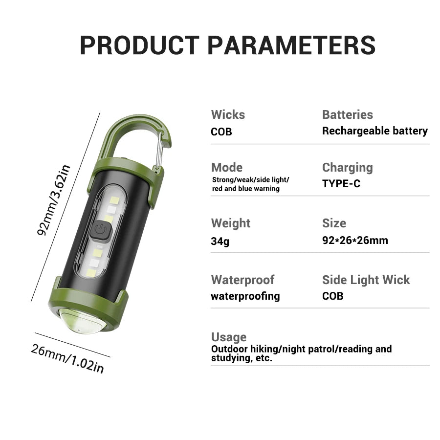 Mini Portable Keychain Flashlight Multifunction COB Work Light 6 Modes Emergency Rechargeable Light for Walking Searching Hiking