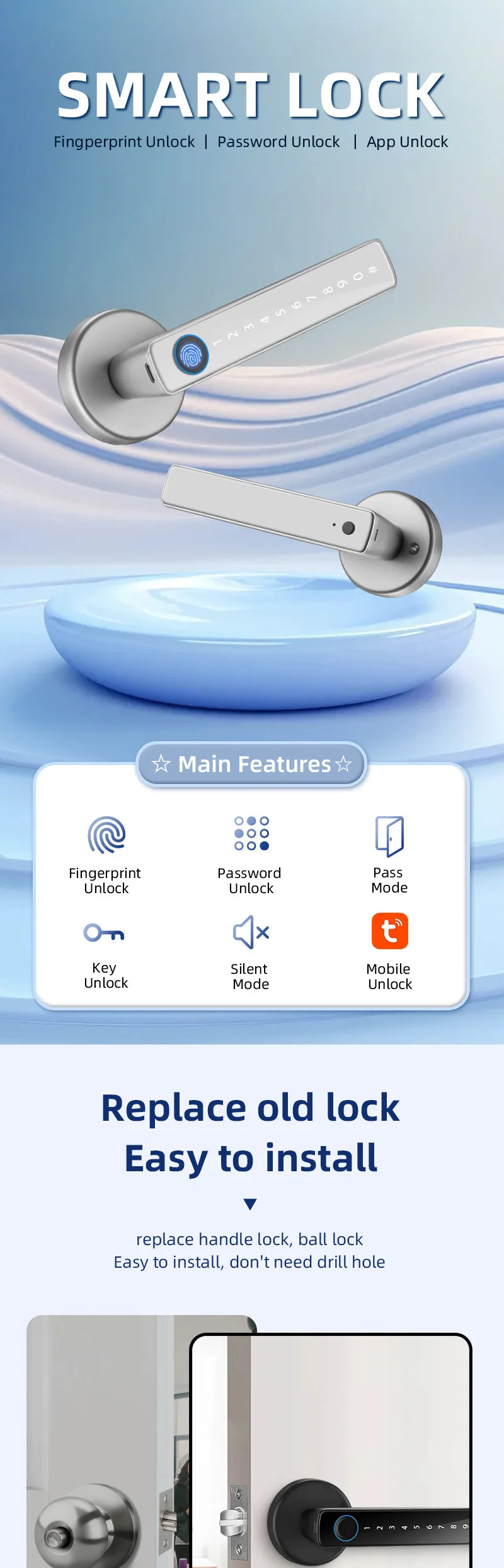 XSDTS M5 Tuya BLE Fingerprint Door Lock Digital Electronic Lock with Password/Key/IC Card/ Smartlife/ Tuya APP Unlock