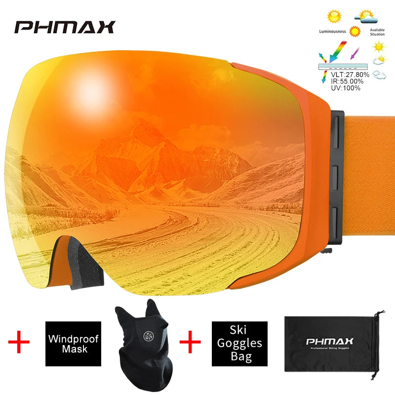 PHMAX Magnetic Ski Goggles UV400 Skiing Eyewear Anti-fog Lens Women Men Winter Outdoor Sports Mountain Snowboard Big Snow Goggle