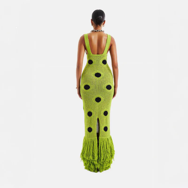 Designed Polka Dot Knitted Long Dress V Neck Hollow Out Fringe Hem Dresses 2025 Summer New Women's Elegant Party Evening Gown