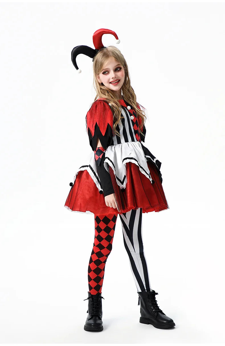 Naughty Girls Clown Costume Kids Circus Scary Tutu Dress Halloween Cosplay Costumes Carnival Party Jester Dress Up Full Set