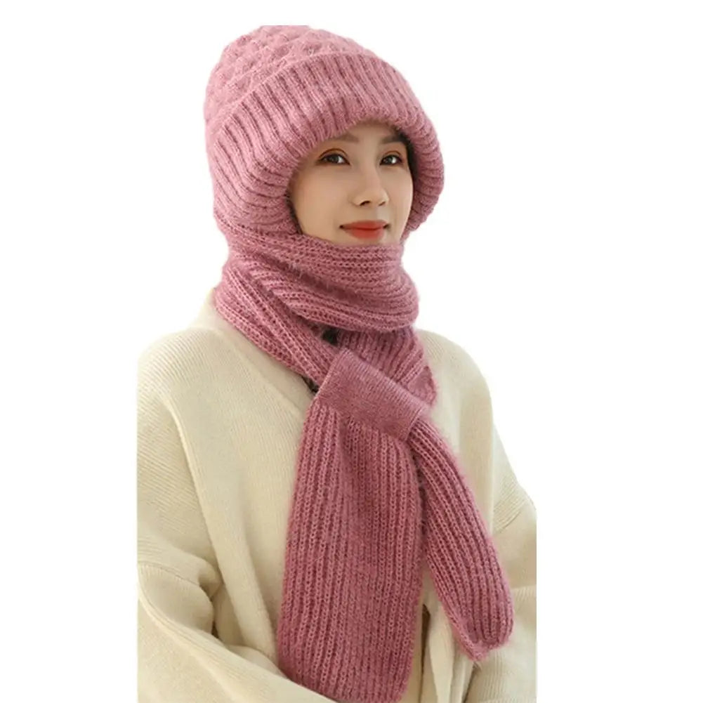 Winter Knitted Integrated Hat Scarf Set Cold Proof Ear Protection Scarf Warm Beanies Cycling Windproof Ladies Outdoor Caps