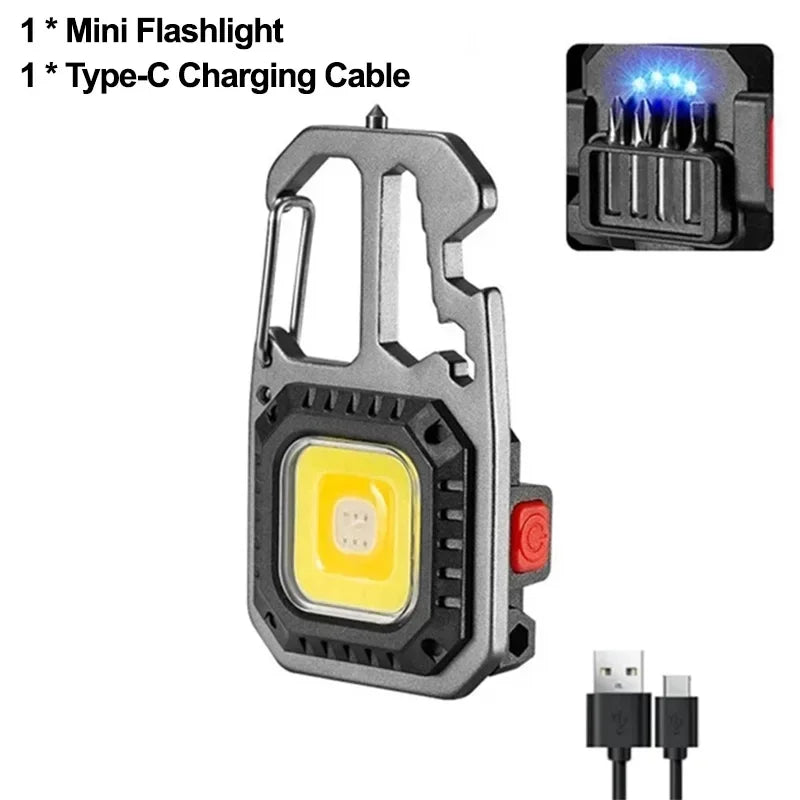 COB Flashlight Rechargeable Portable LED Keychain Work Light Outdoor Camping Light Pocket Wrench Screwdriver Safety Hammer Lamp