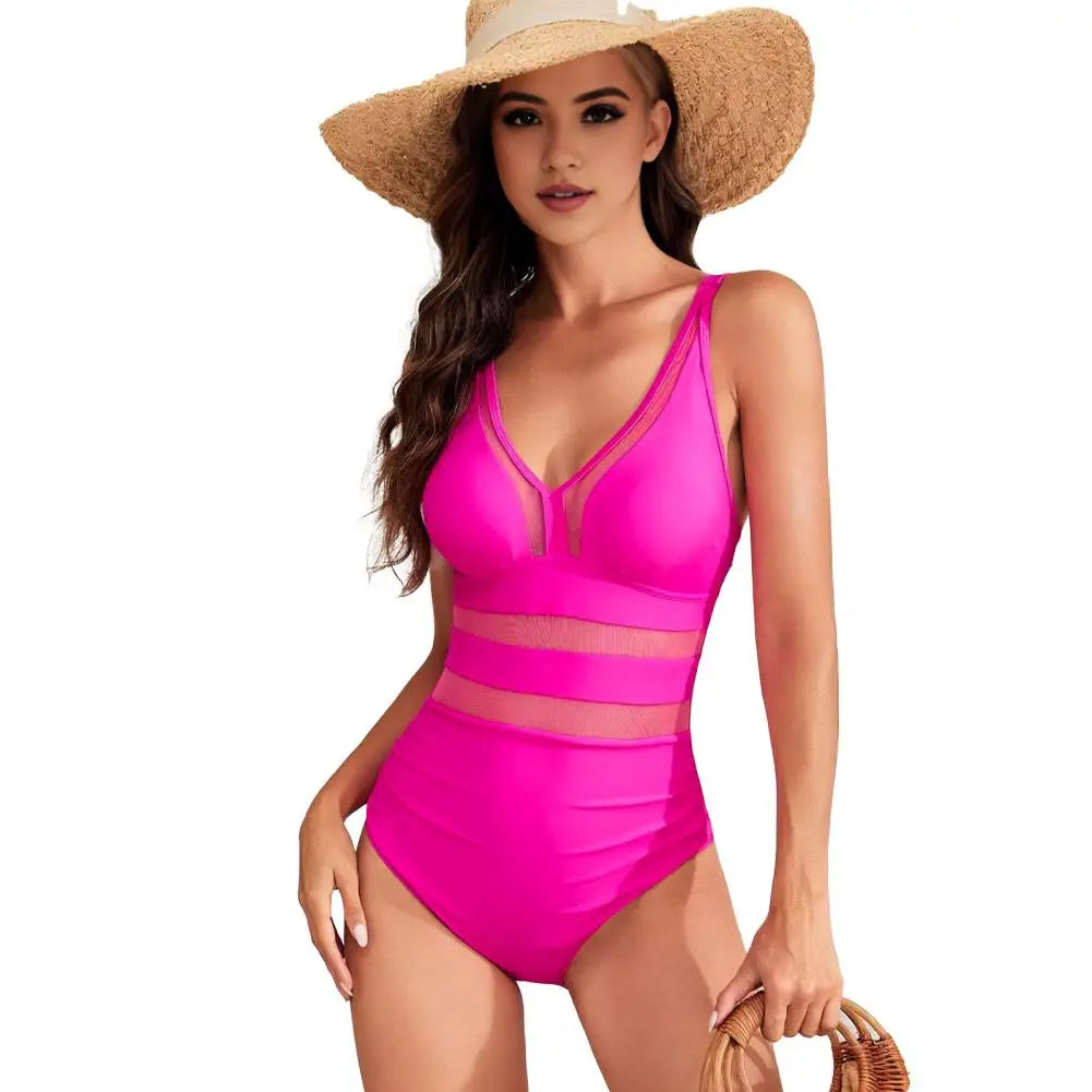 Hollow Mesh Splicing Monokini Swimsuit Stylish Women's Mesh Splicing One-piece Swimsuit Tummy Control V-neck Monokinis Beachwear