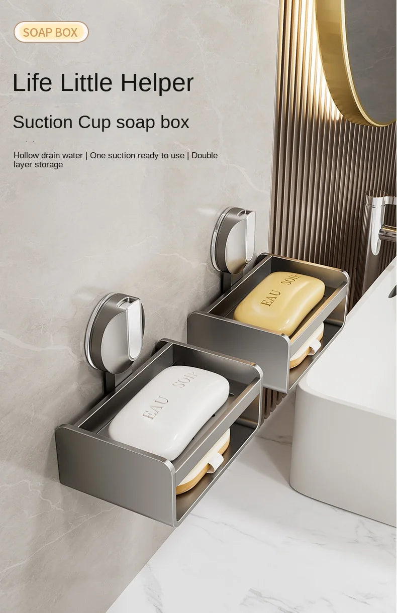No-Drill Bathroom Soap Holder - Suction Cup Wall Mount Organizer Double Drainage, Holds Soap & Sponge, Space-Saving Storage Rack