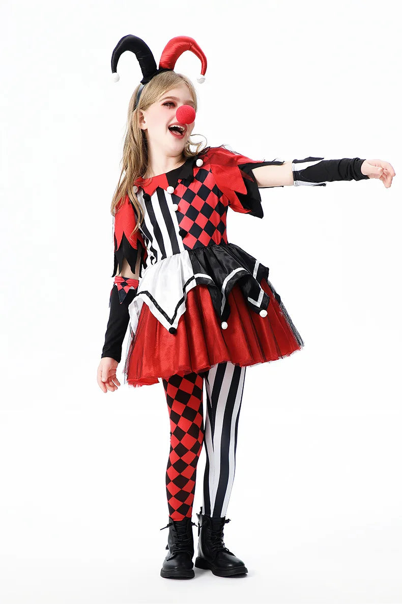 Naughty Girls Clown Costume Kids Circus Scary Tutu Dress Halloween Cosplay Costumes Carnival Party Jester Dress Up Full Set
