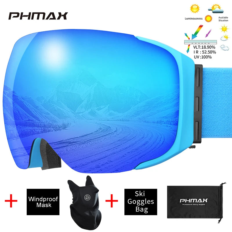 PHMAX Magnetic Ski Goggles UV400 Skiing Eyewear Anti-fog Lens Women Men Winter Outdoor Sports Mountain Snowboard Big Snow Goggle