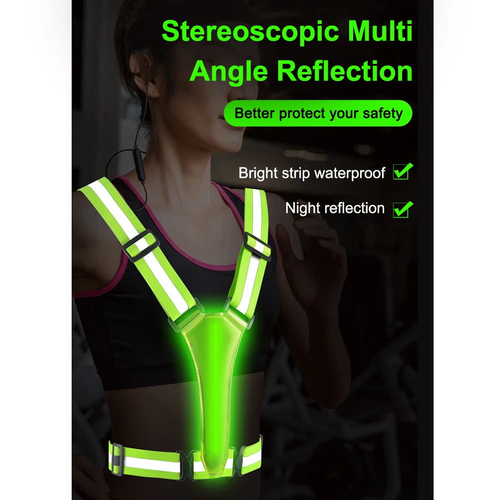 High Visibility Safety Reflective Vest USB Rechargeable LED Running Light Adjustable Cycling Vest Night Warning Work Sports Vest