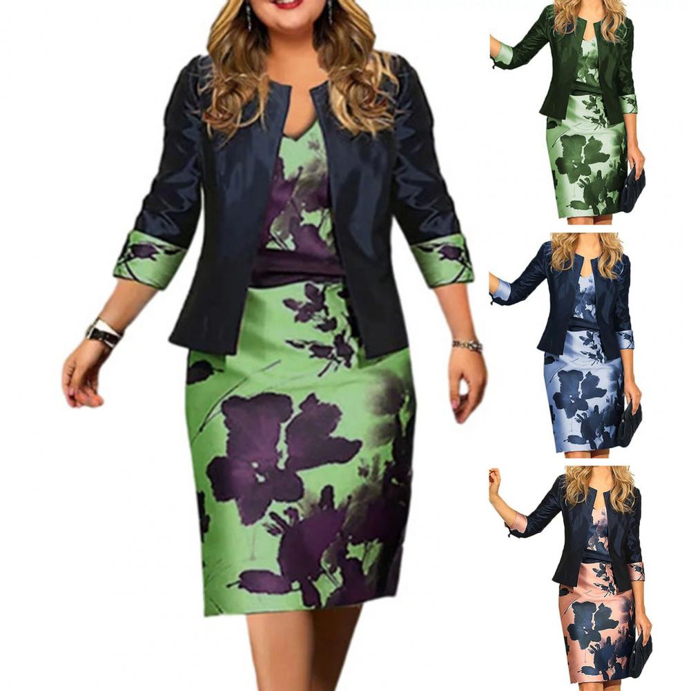 2 Pcs/Set Women Coat Dress Suits Set Floral Print Sheath Midi Dress Open Stitch Dress Suit Jacket Women Outfit Set