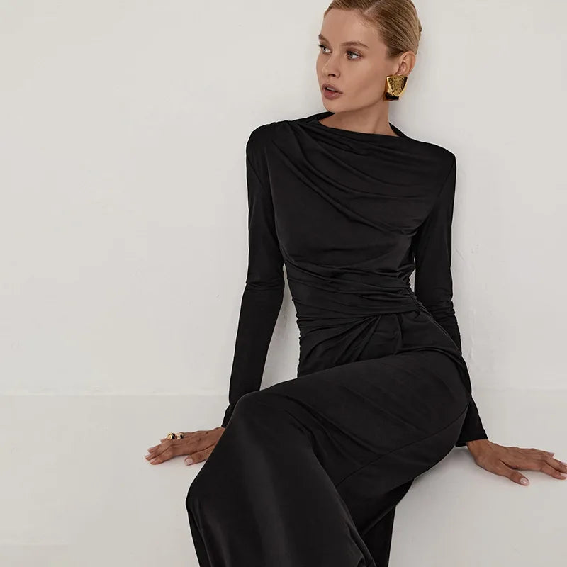 Tossy Pleated Slim Fashion Maxi Dress For Women Elegant High Waist Long Sleeve Bandage Autumn Dress Ladies Patchwork Long Dress