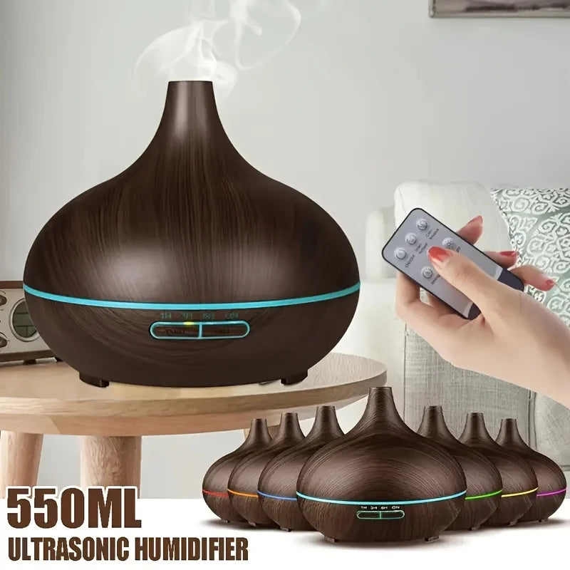550ml Aromatherapy Essential Oil Diffuser Wood Grain Remote Control Ultrasonic Air Humidifier Cool 7 Color LED Light With 6 Oils