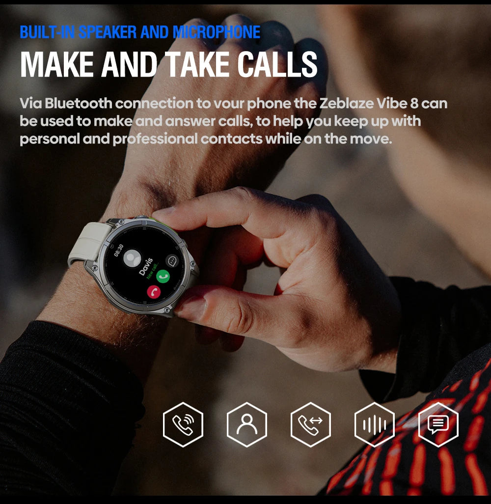 NEW 2025 Zeblaze VIBE 8 Voice Call Smart Watch 1.43" AMOLED Display Heart Rate Blood Pressure Multi-Sport Modes Smart Watch