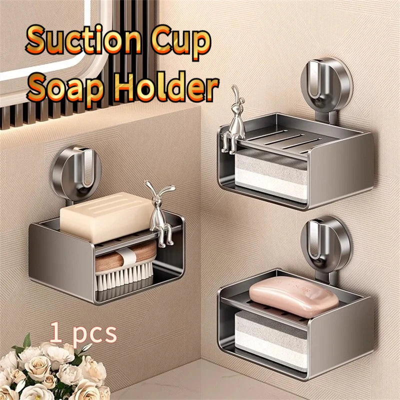 No-Drill Bathroom Soap Holder - Suction Cup Wall Mount Organizer Double Drainage, Holds Soap & Sponge, Space-Saving Storage Rack