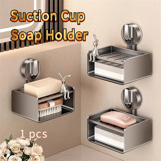 No-Drill Bathroom Soap Holder - Suction Cup Wall Mount Organizer Double Drainage, Holds Soap & Sponge, Space-Saving Storage Rack