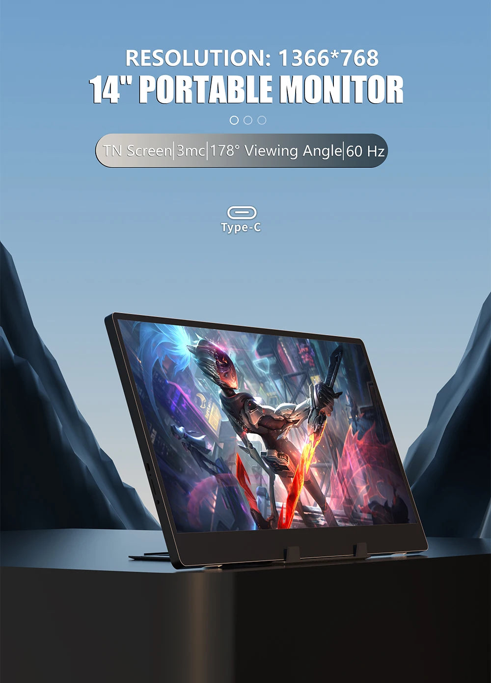 MUCAI N140-S36 Portable Display 14 Inch 60Hz Resolution 1366*768 TN Panel 250cd/㎡ Brightness 3ms Response Portable MonitorComputer MonitorsGoWisse.com
