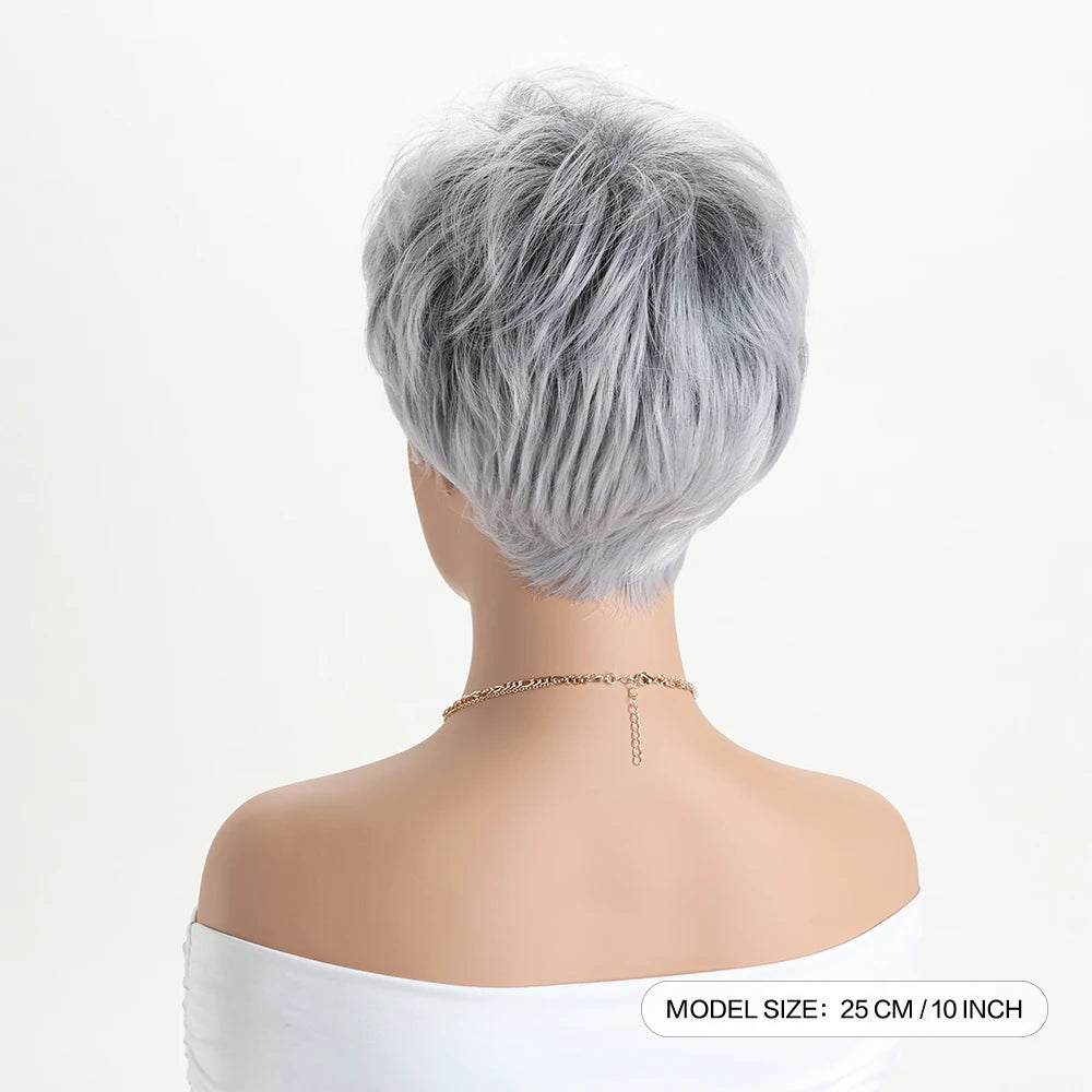 Short Natural Wigs with Bangs Soft Mommy Hair Daily Use Short Grey Ombre Curly Synthetic Hair Costume Party Wig for Women